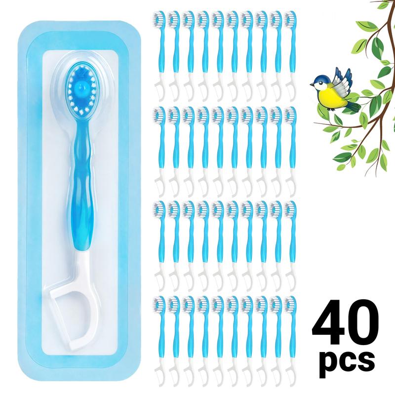Disposable Mini Travel Toothbrush, 40pcs 5 in 1 Pre-pasted Toothbrush & Floss & Pick & Tongue Scraper, Portable Individual Pack for Travel, Breath Freshener Bead with Ice Flavor, No Water Or Rinsing, Floss Glide Easily, for Adult, Mouth Hygiene Kit 0