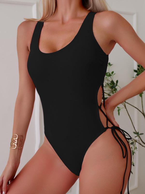 Women's Solid Criss Cross Cut Out Lace Up One-piece Swimsuit, Summer Clothes Women, Boho Fashion Minimalist Plain Sleeveless Swimwear for Beach Vacation, Bathing Suits 2024 for Women, Tummy Control Swimwear, Women's Swimwear for Spring Summer, Womenswear 6