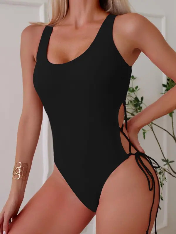 Women's Solid Criss Cross Cut Out Lace Up One-piece Swimsuit, Summer Clothes Women, Boho Fashion Minimalist Plain Sleeveless Swimwear for Beach Vacation, Bathing Suits 2024 for Women, Tummy Control Swimwear, Women's Swimwear for Spring Summer, Womenswear 6