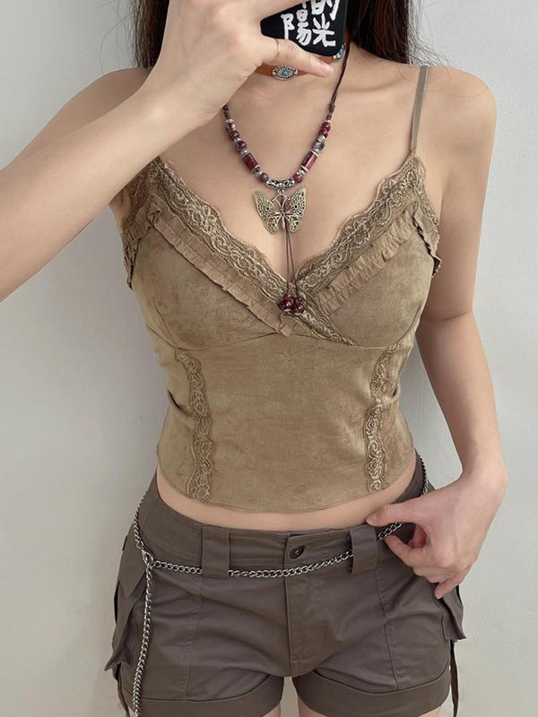 Women's Contrast Lace Cami Crop Top without Necklace, Summer Clothes, Solid Frill Trim Spaghetti Strap Top for Summer, Women's Clothing for Daily Wear 4