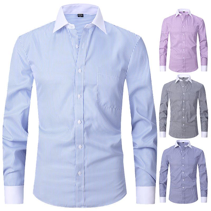 Ss24 Men's French Style Shirt Business Dress Long Sleeve Shirt Solid Color Blue Striped Shirt Twill Business Style All-Match 0