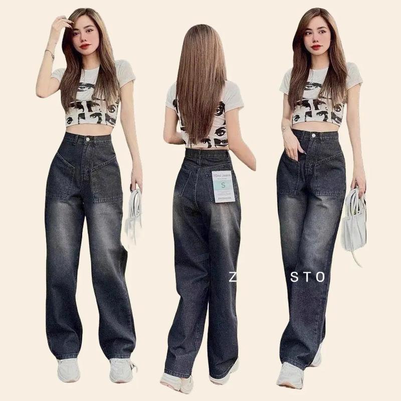-	Quần jean nữ ống suông rộng, lưng cao, thoải mái, mang nét "cool ngầu" phối 2 túi trước xéo cá tính -Fashion Shop Diễm Thư M1246 1