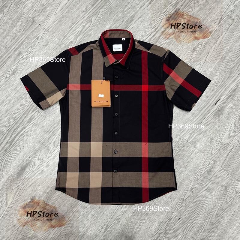 Áo Sơ Mi Sọc Caro Đen Viền Đỏ Vàng Nam Ngắn Tay Menswear Kaki Kate Jean Có Cổ