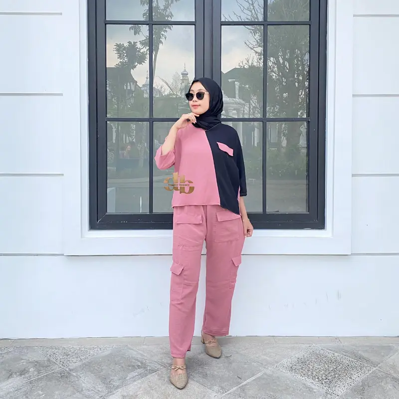 Dasterbeauty - AZIZAH Baju Setelan Wanita Kekinian Korean Style Terbaru Crinkle Airflow Jumbo Celana Panjang Atasan Croptop Nyaman Dewasa Remaja Model Cargo Trendy 6