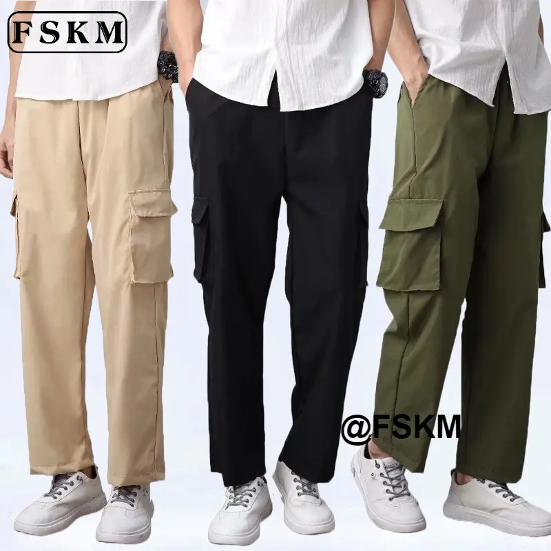 M-5XL Vintage Casual Plus Size Kargo Cargo Pants Men Khakis Baggy Sport Loose Straight Cut Overalls Casual Tactical Jogger Pants Men Sweatpants Seluar Lelaki Trouser Human Pocket Beige Plain