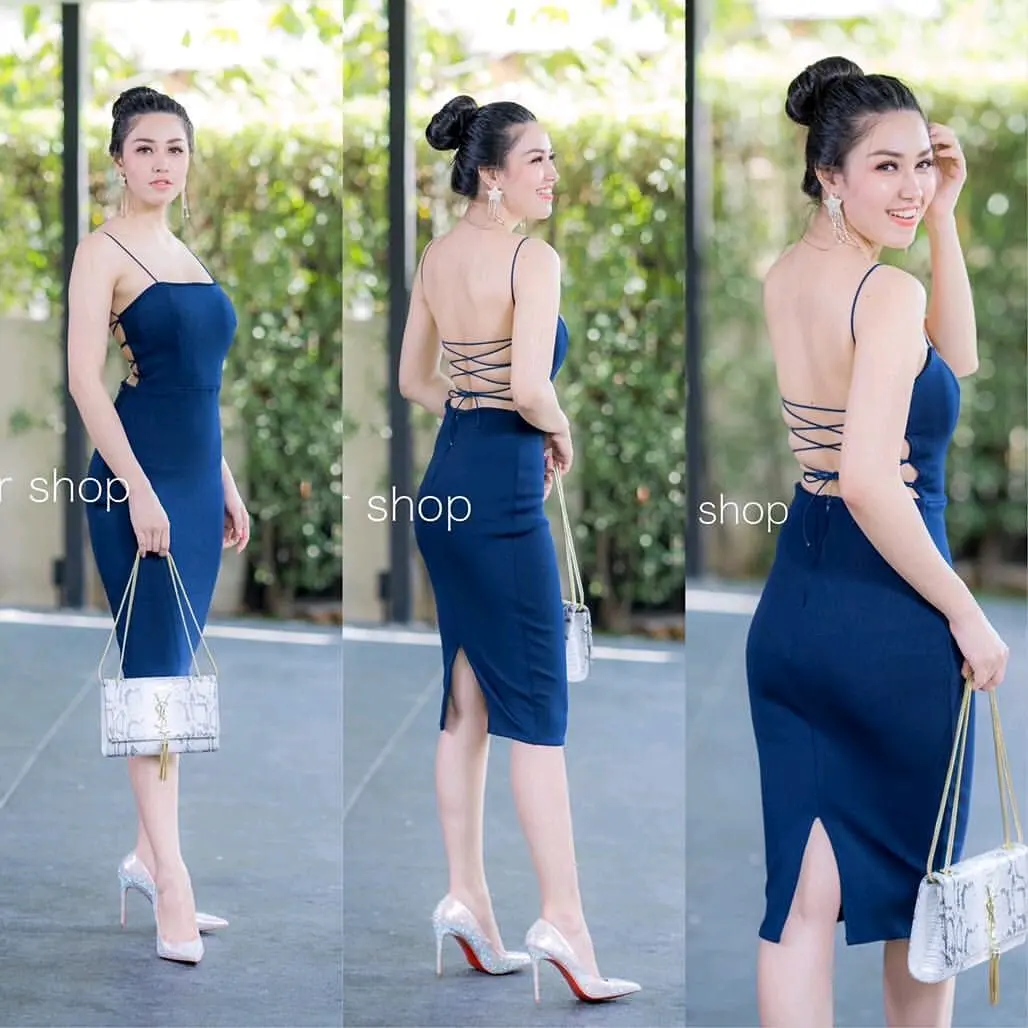 Scotteshop Dania Midi Dress Scuba Bodycon Backless Tali Adjust 501 Casual Wanita pendek Mini