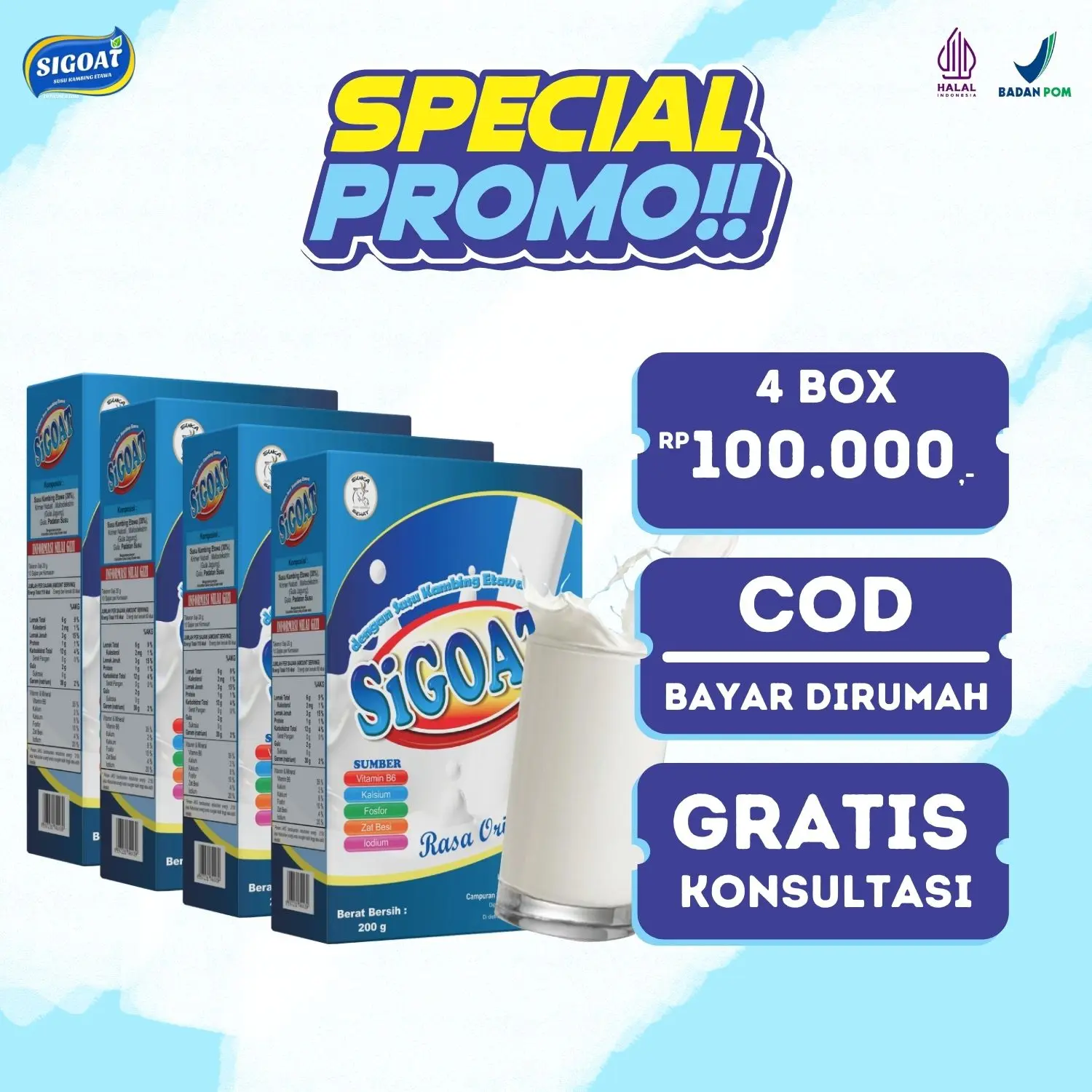 4 BOX SIGOAT [SUSU BUBUK KAMBING ETAWA] 200GRAM MINUMAN VARIAN RASA ORIGINAL, COKELAT, STRAWBERRY, JAHE [ RENDAH GULA ] Milk Bahan Dairy