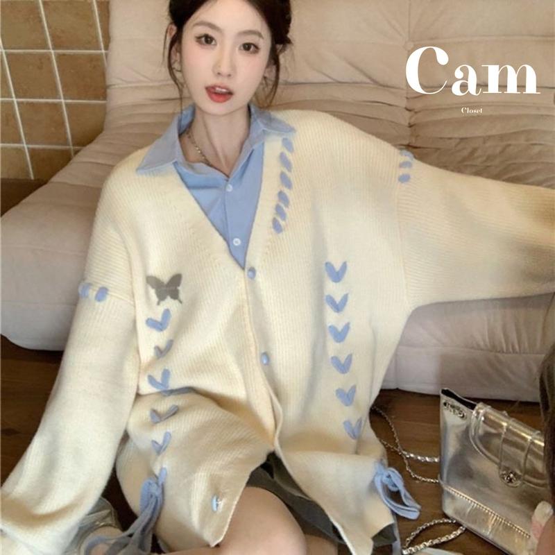 Áo Khoác Len Cardigan Form Rộng Cổ Tym Thiết Kế Họa Tiết Thêu Tạo Điểm Nhấn Siêu Xinh Cho Áo Phù Hợp Chị Em Cam Closet áo cardigan  thom 3 sọc
