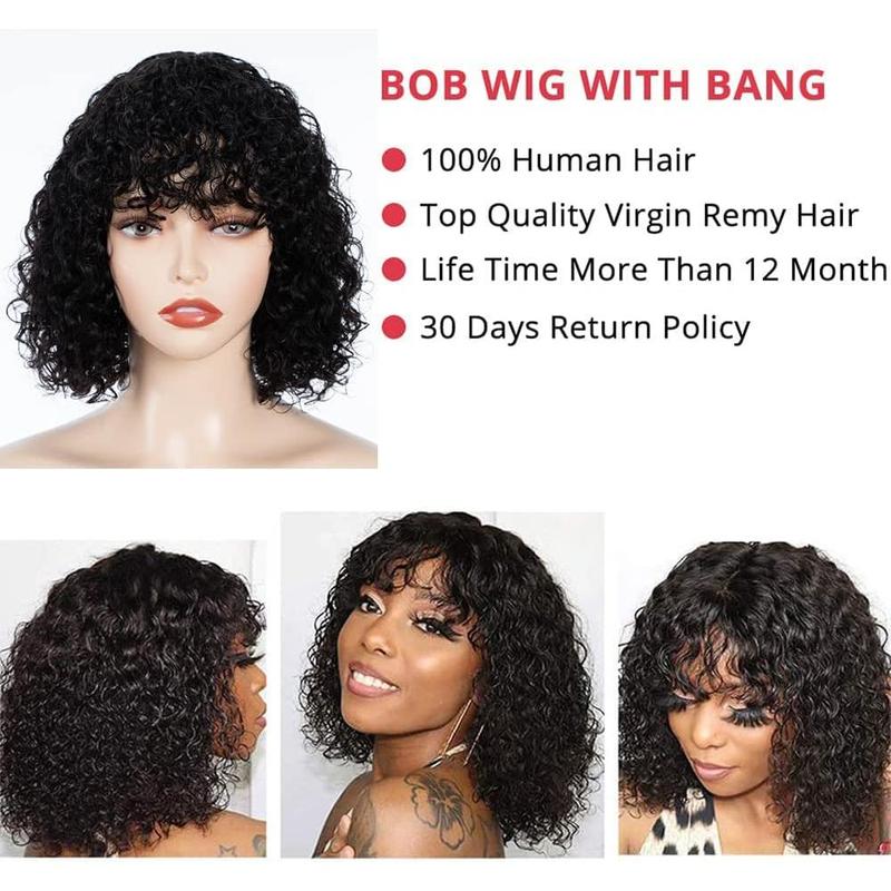 Local shipping-Fashion Idol Bob Curly Human Hair Wigs with Bangs Jerry Curl Bob Wigs Human Hair Brazilian Virgin Human Hair None Lace Front Wigs for Women Machine Made Black Wigs 10Inch 2