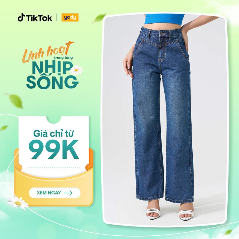 YODY Quần Jean Nữ Ống Suông Bổ Chéo Ống Rộng QJN7063