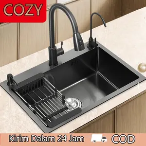 COZY SUS 304 Stainless Steel Kitchen Sink Modern Bak Cuci Piring Stainless Hitam Ketebalan 5040-Lubang Memotong Diatas 50*40cm Tinggi 20cm Wastafel Stainless Hitam COD Kirim Dalam 24 Jam Baja Keran