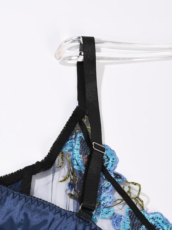 Plus Size Floral Embroidery Contrast Lace Push Up Bra & Bow Decor Panty & Garter Belt Set, Sexy Lingerie Set for Women, Women's Lingerie & Underwear 4