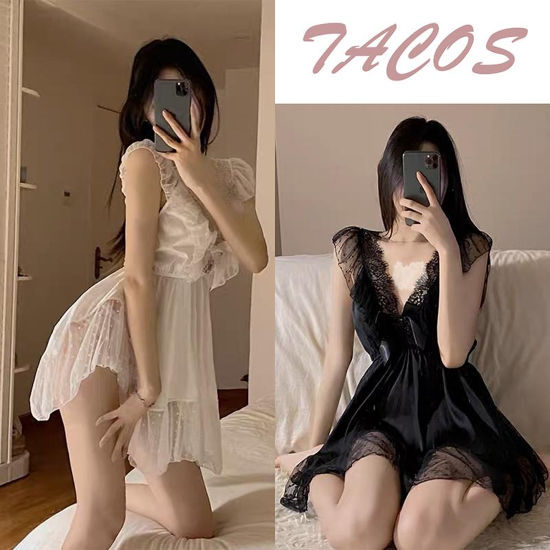 HT57 Váy ngủ sexy viền ren tiểu thư sang chảnh, váy ngủ lụa dáng xoè xẻ v1 gợi cảm HT57