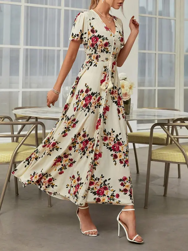 Floral Print Tie Button Front A Line Long Dress, Chic Sun Dress, Frenchy Dress in Club, Dresses, Boho V Neck Long Milkmaid Dress, Homecoming Dresses, Shortsleeve Dresses for Women, Boho Clothes Women 8