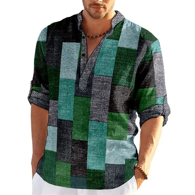 Product Introduction of Men's Spring and Summer Retro Fashion 3D Printed Color blocked Grid Pattern Henley Collar Long Sleeve Shirt Top 4