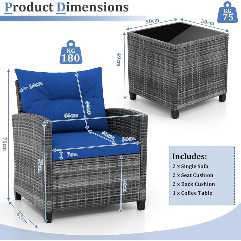 3 Pieces Outdoor Rattan Bistro Set, Patio Wicker Conversation Furniture Set with Cushions & Tempered Glass Tabletop, Metal Frame Garden Conservatory Sofa Table for Porch Balcony (Navy) 4