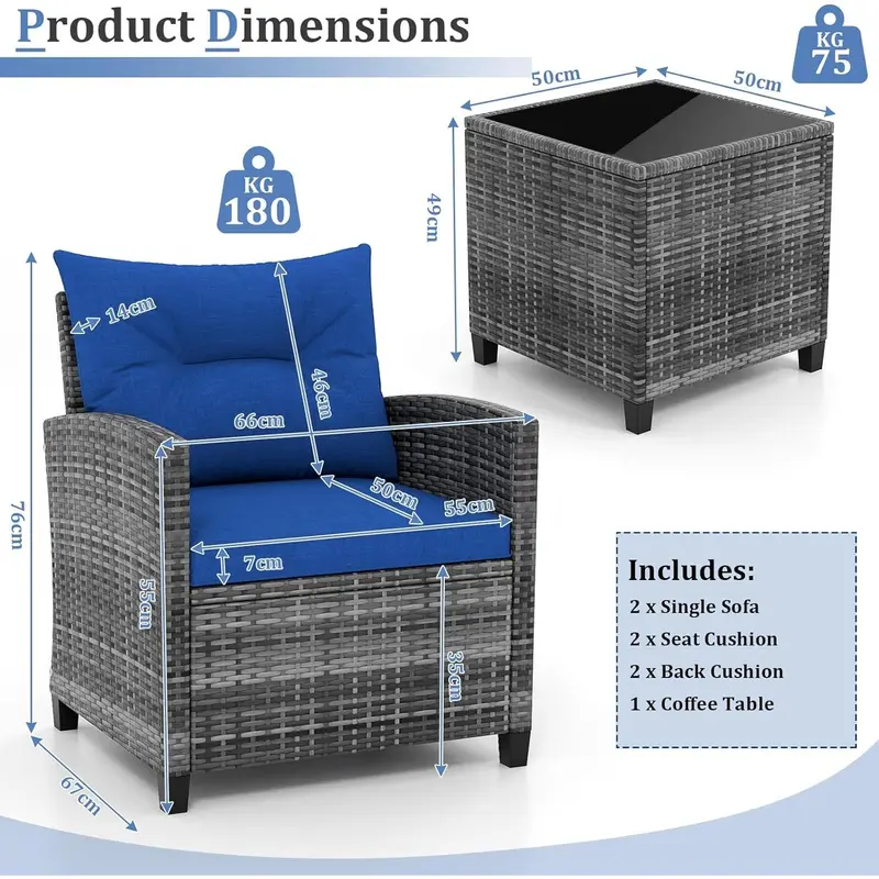 3 Pieces Outdoor Rattan Bistro Set, Patio Wicker Conversation Furniture Set with Cushions & Tempered Glass Tabletop, Metal Frame Garden Conservatory Sofa Table for Porch Balcony (Navy) 4