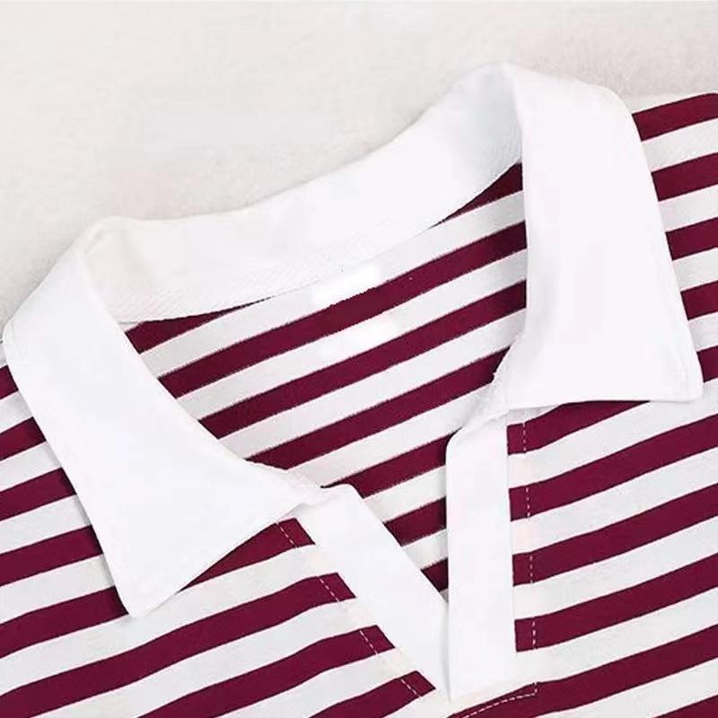 Product Introduction of Youthful Turn-down Collar T-shirt Striped Slim Fit Women Spring Autumn 2024 New Age-reducing Polo Collar Long Sleeve T-shirt 9