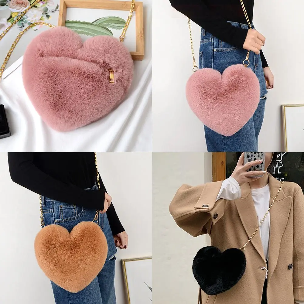 Fashion Shoulder Bag Cute Crossbody Handbag Messenger Bag Women Soft Faux Fur Chain Fluffy Heart Shaped/Multicolor