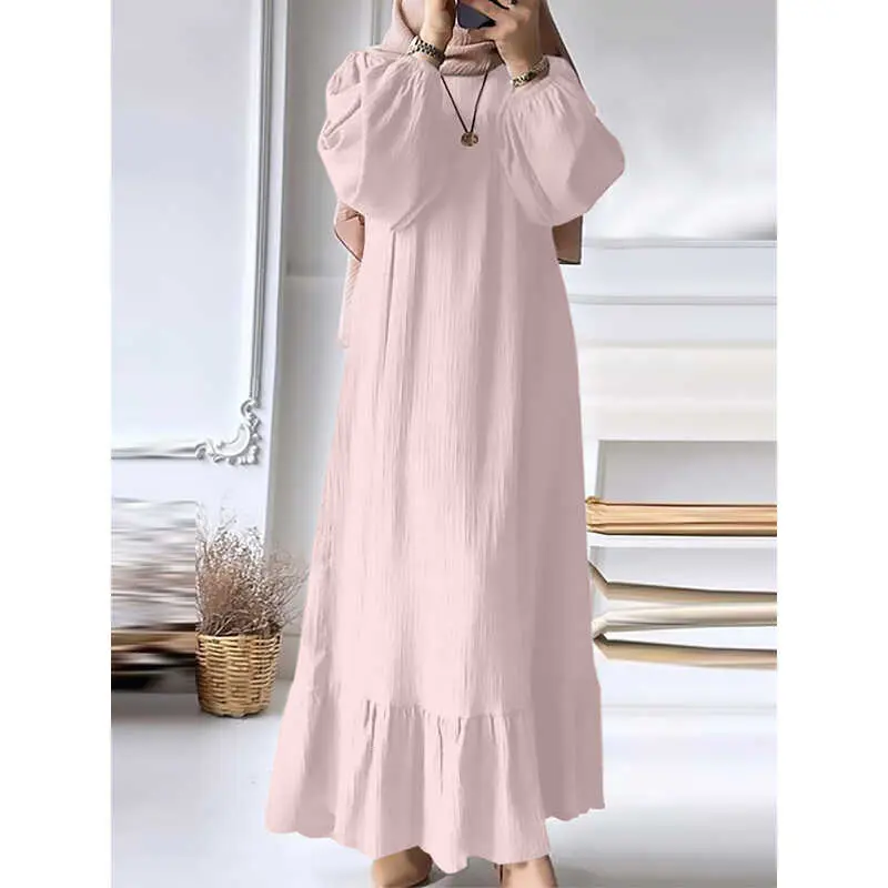 2024 Muslim Women's Solid Color Robe Autumn Winter New Fashion Bubble Sleeve Retro Pocket Ruffle Dress Elegant Solid Color Loose Long Sleeve Dress Muslim Ethnic Women's Dress
