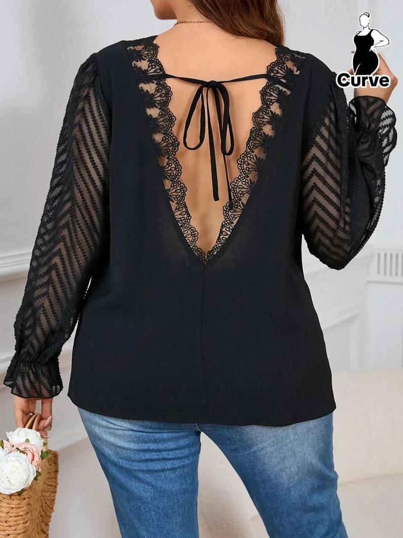 Product Introduction of 【Plus Size】 Contrast Lace Tie Back Flounce Sleeve Blouse, Casual V Neck Long Sleeve Top for Summer, Women's Plus Clothing for Daily Wear 1