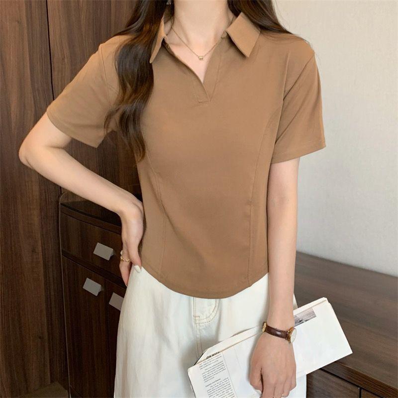 Product Introduction of Summer New Korean Style Polo Collar Solid Color Short-Sleeved Top for Women Slim Casual All-Match T-shirt Women 10