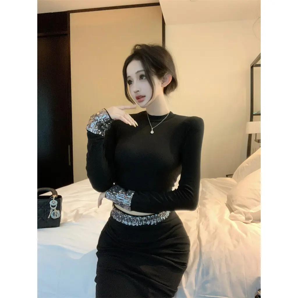 Bộ Đồ Hai Mảnh Cho Nữ, Áo Thun ngắn Tay Bó Sát Thiết Kế Thêu Kim Sa, Váy Dài Che Hông, Thích Hợp Cho Mùa Thu Women Top