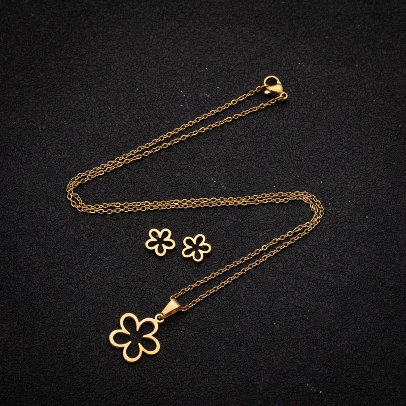 Product Introduction of Ins Style New 18K Gold Plated Stainless Steel Hollow Flower Earrings Korean and Japanese Niche Pendant Necklace Two-Piece Set 3