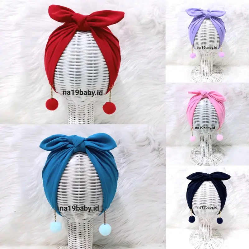 Turban Bayi Pita Kelinci Anting Pompom / Tutup Kepala Anak Cewek Perempuan 0