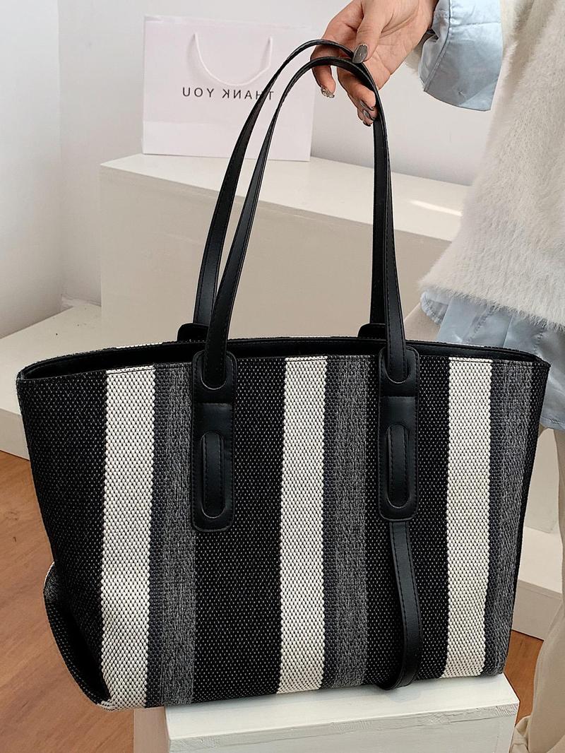 Product Introduction of Women's Fashionable Striped Pattern Tote Bag, Casual Large Capacity Shoulder Bag for Work & School, Durable Multi-functional Daily Commuting Bag 0