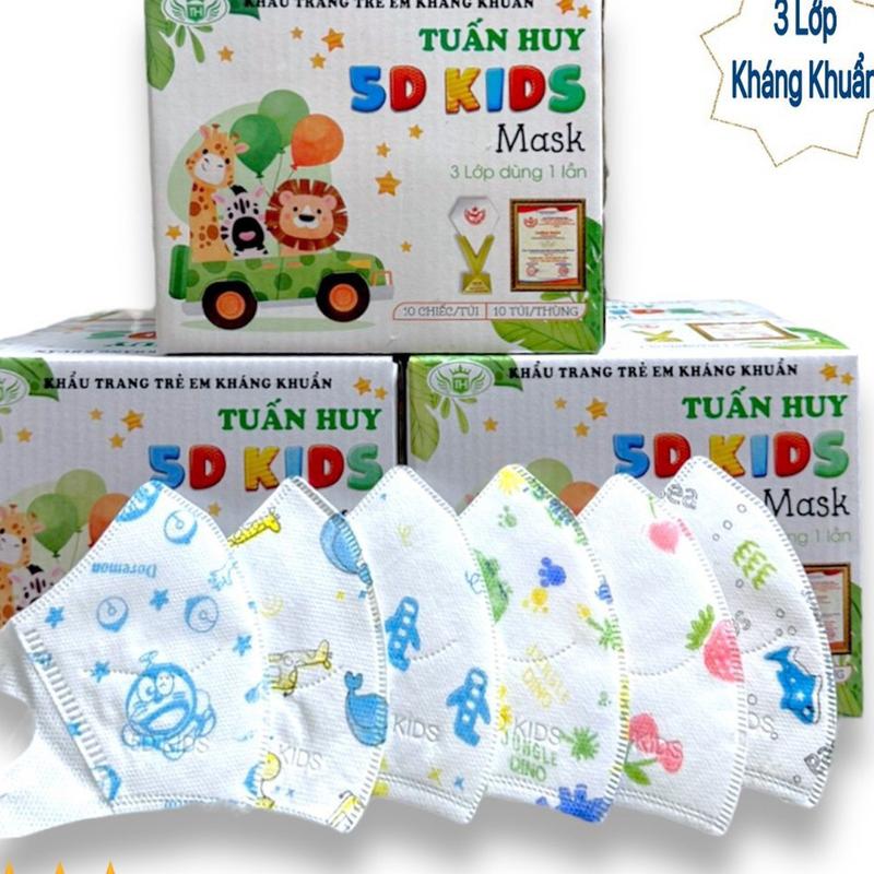 Combo 10 túi 100 cái Khẩu trang 5D mask trẻ em Tuấn Huy, khẩu trang cho bé 3-8 tuổi, 3 lớp kháng khuẩn, dây đeo co dãn, nhiều hình, cotienshop87 Kem