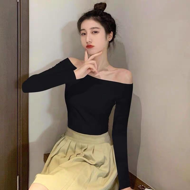  Áo thun trễ vai tay dài dáng ôm trọn form dài cho nữ Top cá tính trơn 