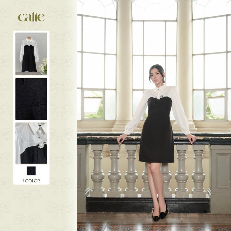 Váy Kiểu Dáng Chữ A Vải Xước Hàn Phối Thô Tre Đính Hoa Ngực Áo CALIE VA443 Đầm Dự Tiệc Tôn Dáng, Thanh Lịch, Phù Hợp Đi Làm, Dự Tiệc Sang Chảnh Nữ Tính