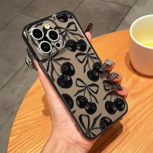 Funda para celular con patrón de cerezas y moño, funda protectora decorativa anticaídas, cubierta completa a prueba de golpes para iPhone 11 12 13 14 15 16 Pro Max X XR, Casing