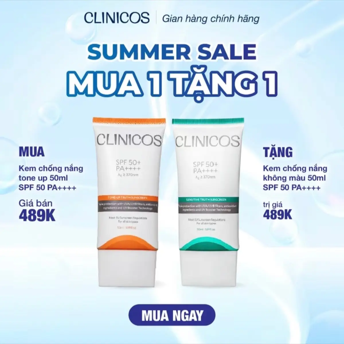 [ SHOP MỚI ] Kem Chống Nắng CLINICOS Nâng Tone/ Cho Da Nhạy Cảm 50ml Skincare SPF50+ PA++++ kem  chống kcn  clinicos