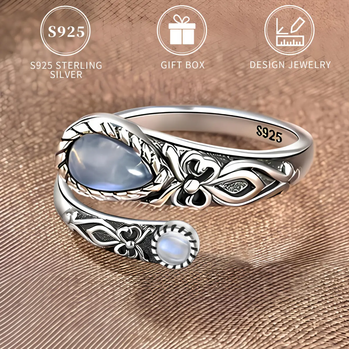 Vintage Boho Moonstone Ring - Adjustable Spoon Strap With Synthetic Stones, Butterfly Detail, Perfect For Everyday Wear And Mother'S Day Gift