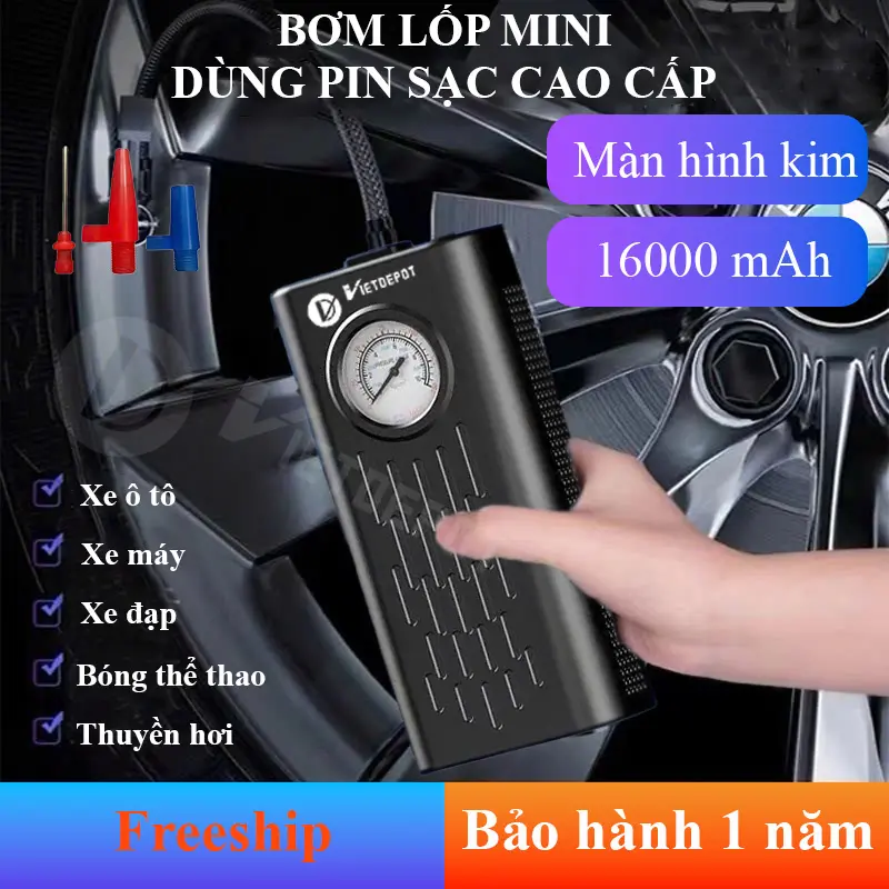 Máy bơm hơi mini cầm tay dùng pin sạc cao cấp Viet Depot, đa chức năng, thiết kế nhỏ gọn, theo dõi áp suất lốp. Bơm lốp xe ô tô, Bơm hơi xe ô tô, Bơm hơi dùng pin, Bơm hơi nén khí, Bơm xe đạp, Bơm xe máy, Bơm xe điện, Bơm bong bóng, Bơm banh thể thao