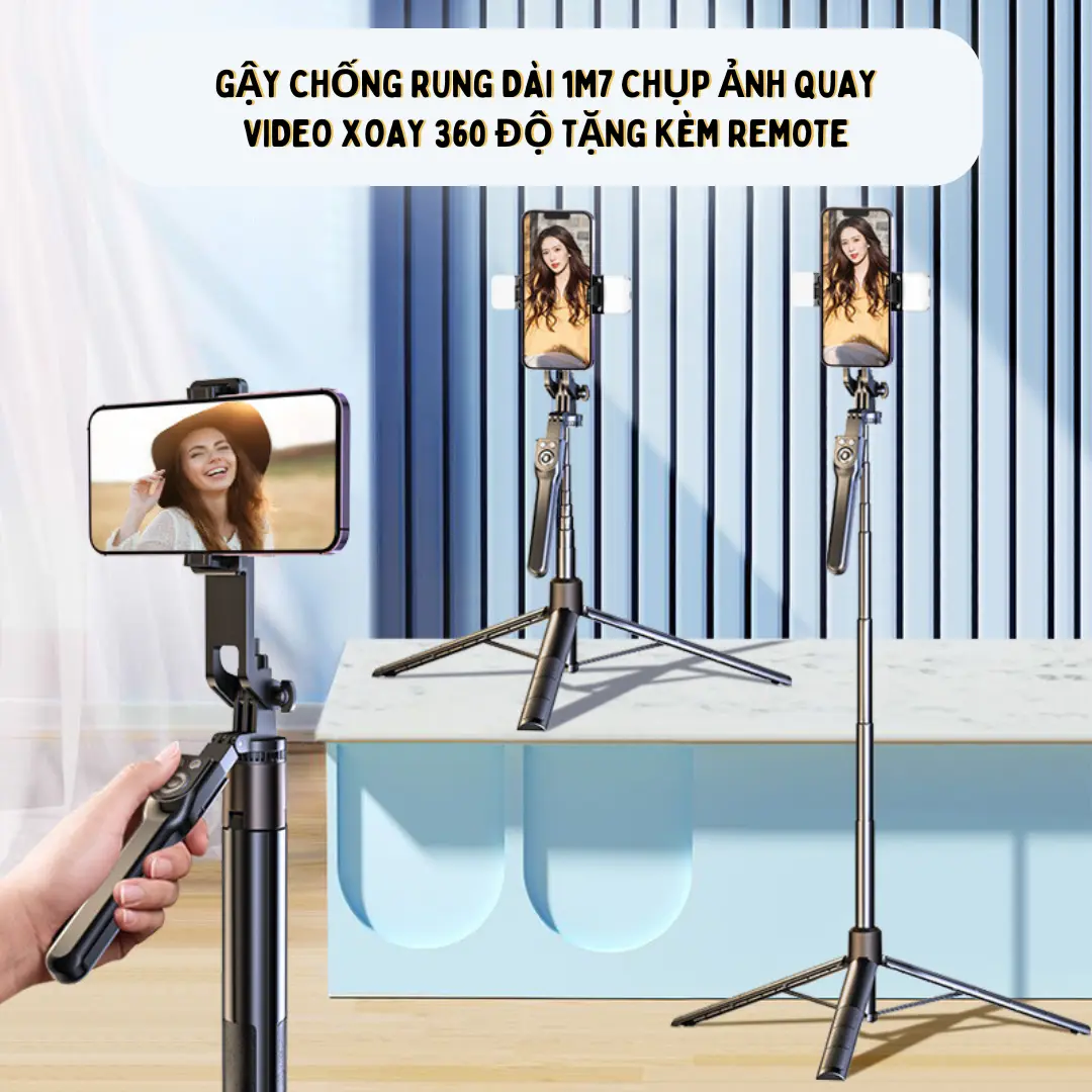 Gậy Chụp Ảnh Quay Video 2024 Dài 1m7 Xoay 360 Độ Du Lịch Vlog Livestream Selfie Tặng Kèm Remote Cho Điện Thoại Phụ Kiện Kem