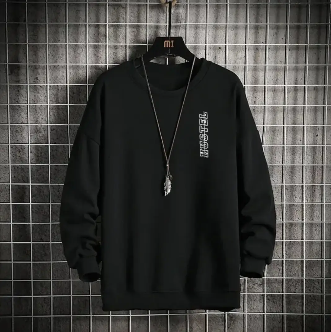 Sweater Crewneck HUSTEL Pria Hitam Putih Abu Fleece Hoodie Panjang Distro Tebal Cowok