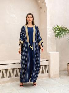 Women's Elegant Hot Stamping Long Sleeve Abaya & Belted Dress Set, Modest Two-piece Set for Daily Wear, Ladies Islamic Clothing for All Seasons