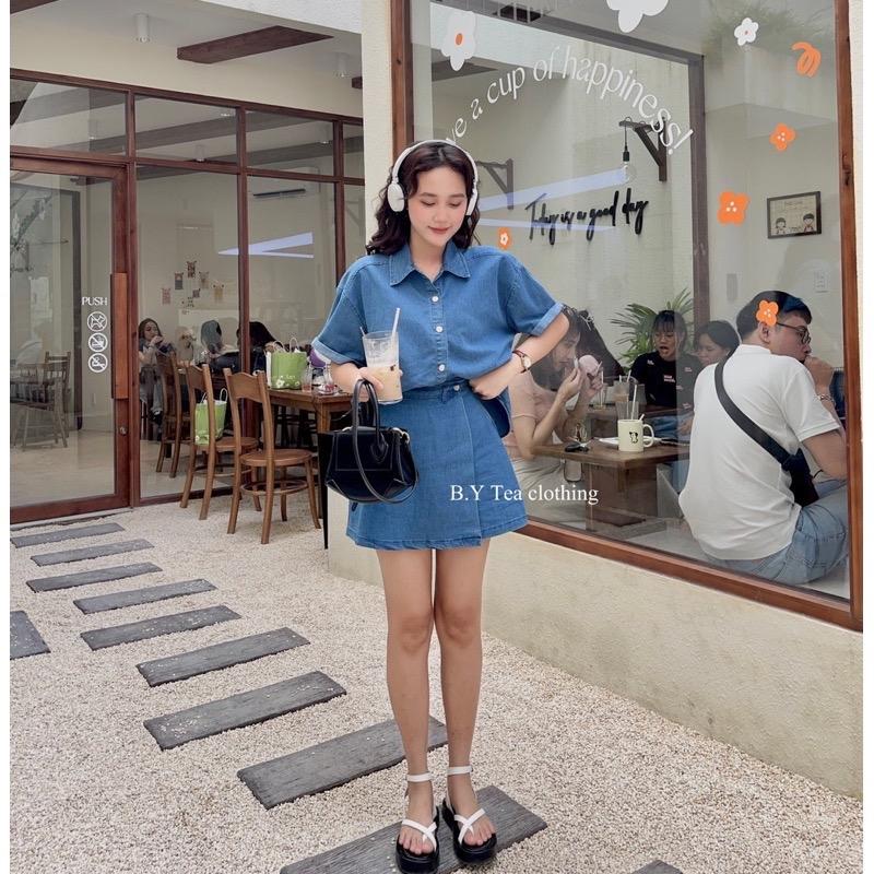 Set Jean Nữ, Áo Sơ Mi Tay Ngắn Đuôi Tôm Cúc Bấm Mix Chân Váy Vạt Chéo Thời Trang B.Y Tea