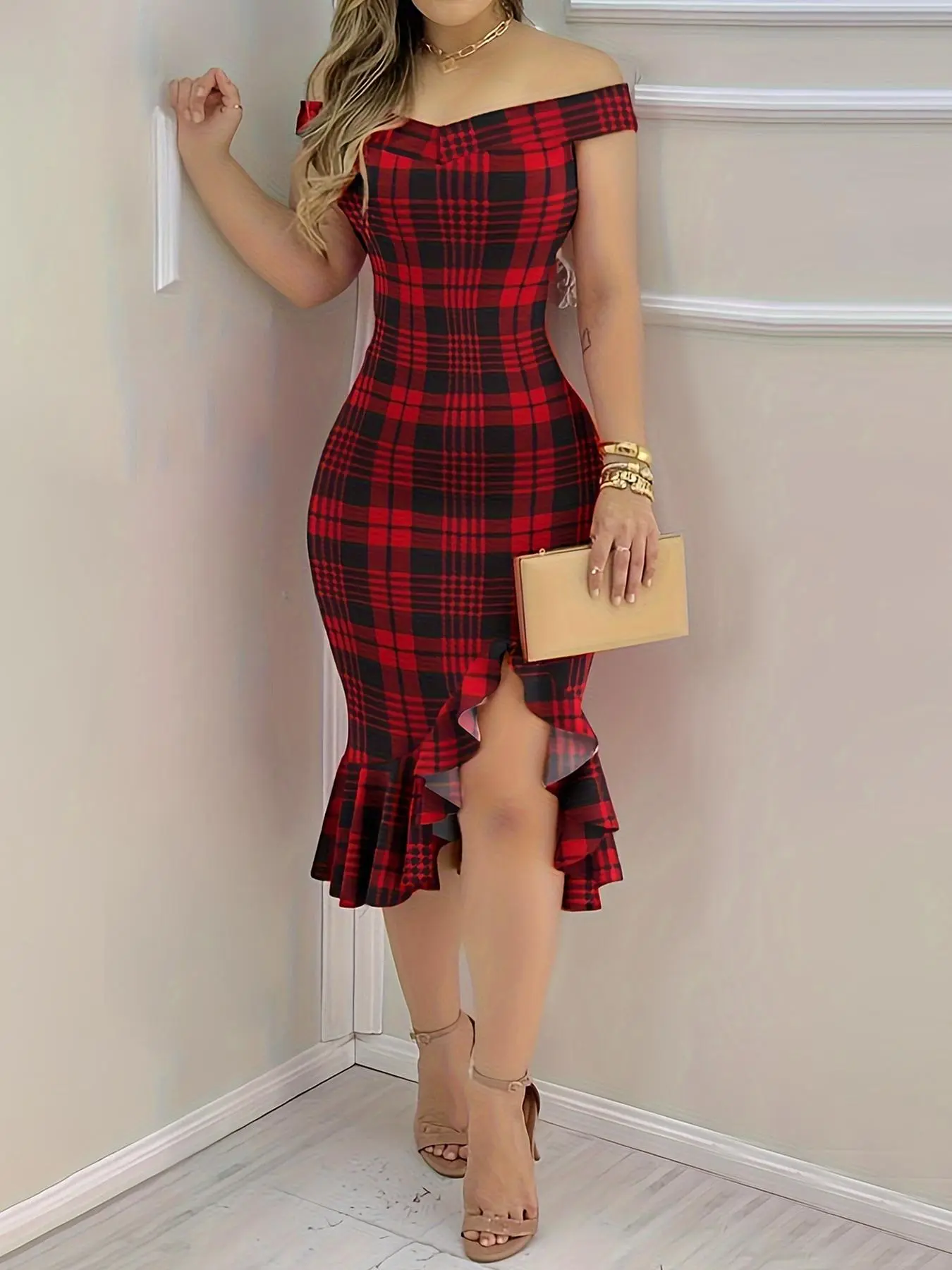Women's Tartan Print Off Shoulder Ruffle Hem Split Thigh Dress, Elegant Short Sleeve Midi Dress for Party Holiday Wedding Guest, Red Dress, Ladies Clothes for All Seasons