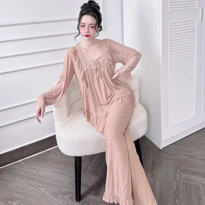 Set Bộ Tiểu Thư Style QC TDQD Cổ Vuông Phối Ren Chất Liệu Voan Thun Lưới Mềm Mát Dành Cho Nữ 40-65kg 2