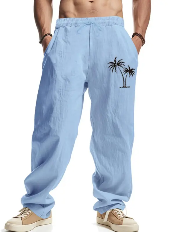 Men's Coconut Tree Print Linen Pants, Regular Fit Casual Comfy Breathable Wide Leg Trousers for Beach Vacation Holiday, Men's Bottoms for Summer, Menswear 3