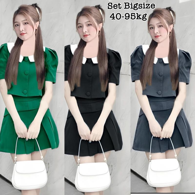Set Bigsize Xinh - Set Bộ Áo và Chân Váy Bigsize Có Lót Trong Nút Bọc Lụa Chéo Thái Thiết Kế Dự Tiệc Nữ Xinh 40-95kg Nhung Sen Voi Nho Màu Đen - 2204