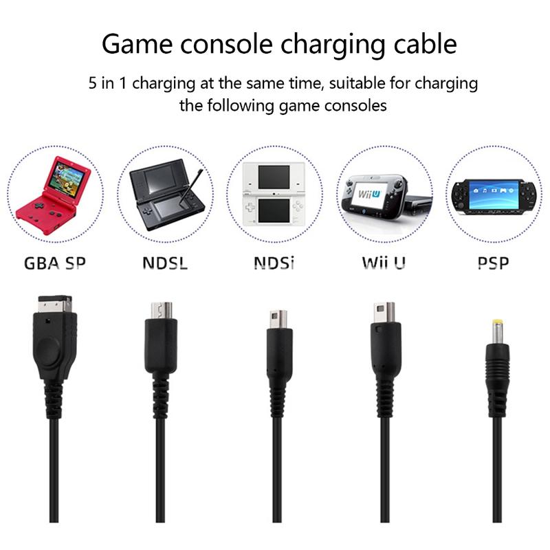 5 in 1 Charge Cable Cord for NDSL/WiiU/New 3DS XL 3DS XL 2DS DsiXL for NDS/GBASP/PSP1000 2000 3000 USB Charger 1