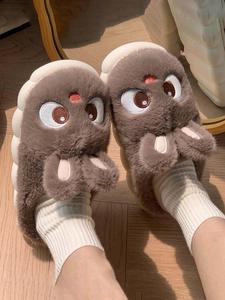 かわいいウサギの女性用ルームスリッパ、低かかとで柔らかい室内用スライド、快適な冬用プラッシュシューズ