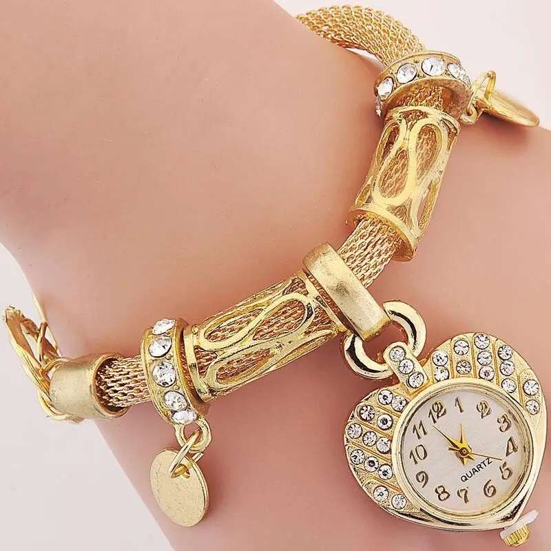 Ready Stock Women Bracelet Heart Hand Stainless Steel Chain Watch Women Casual Watches