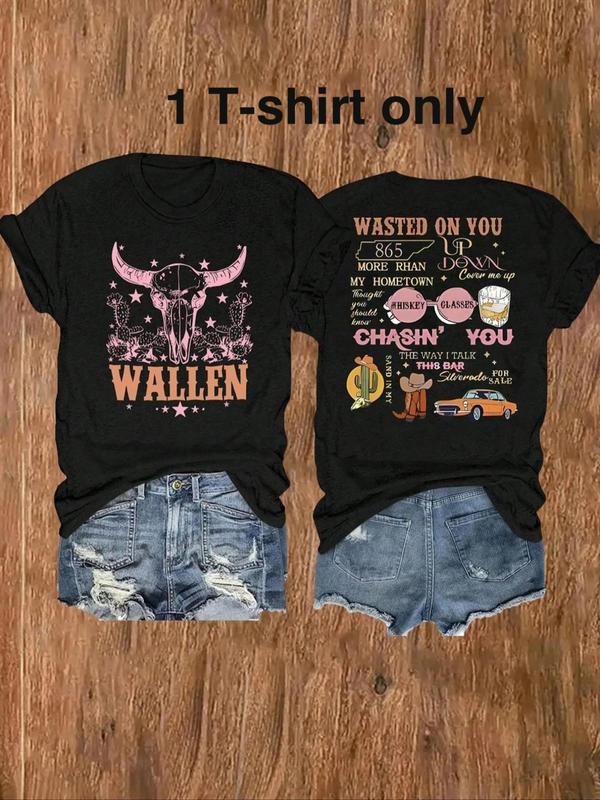 Women's Plain/Letter Print Round Neck Tee, Casual Graphic Short Sleeve T-shirt For Daily Wear, Ladies Summer Outfit 5