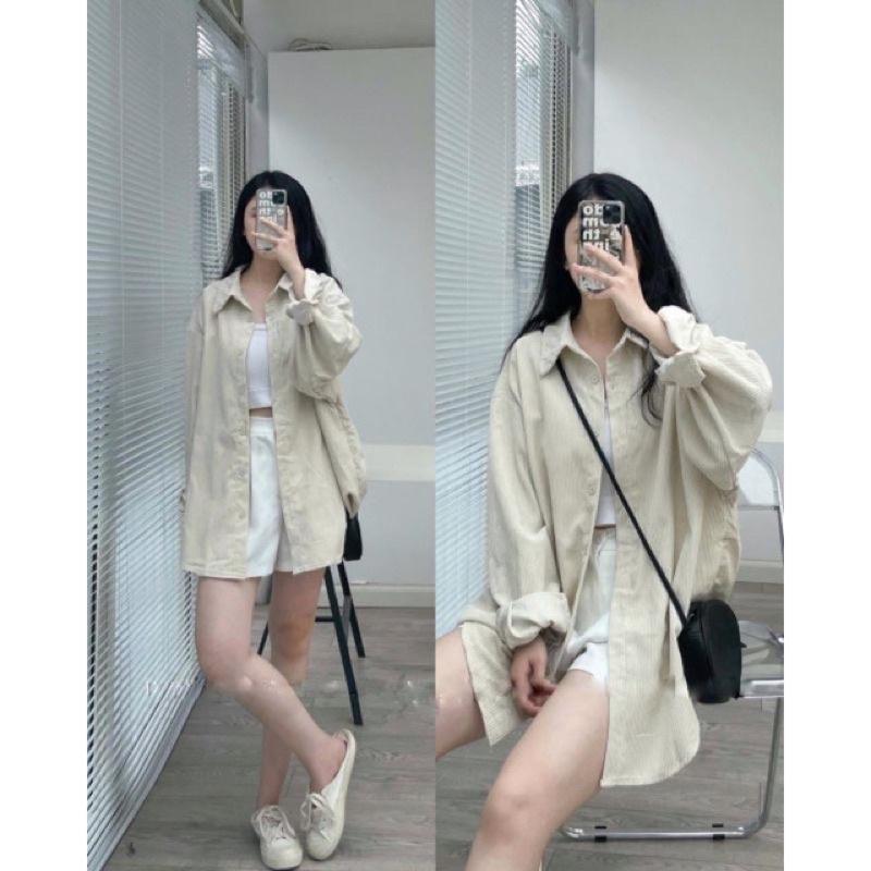 Áo Sơ Mi Chất Nhung Tăm Nam Nữ Form Rộng Nâu Be 1
